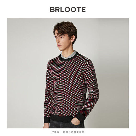 Brloote jacquard wool sweater for men, diamond plaid sheep wool warm sweater for winter, black and red 170/92A