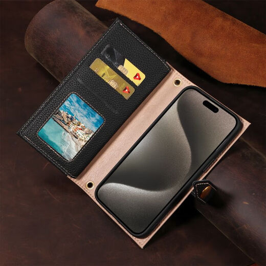 Shell Jazz Apple 14Promax Case de téléphone mobile iPhone 15pro Case de protection High-Dee Geat en cuir Couge de tête de vache Cow Hide Slot Wallet Fashionable Budle Personnalise Business Model Model Protective Case [Business Black] Véritable Sac de carte en cuir Apple 15Promax