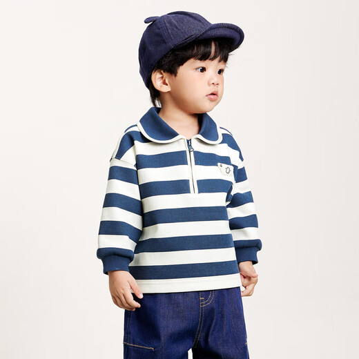 Mini Bara boys and girls long-sleeved sweatshirt autumn baby lapel polo collar pullover [college style] white and blue tone 00318 110