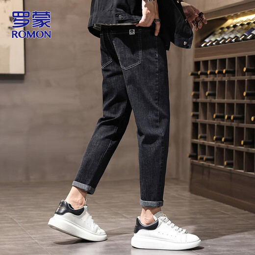 
ROMON jeans men's summer slim pants men's trendy brand small feet trousers casual men's pants trendy black gray 32