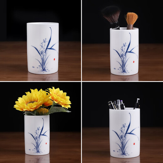 东方泥土陶瓷手绘彩梅兰竹菊笔筒教师节礼物感恩送老师同学可定制纪念礼品 兰花笔筒 釉下彩【青色】礼盒装