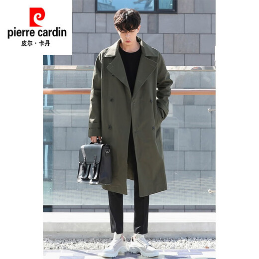 Pierre Cardin men's mid-length trendy windbreaker men's spring and autumn British style handsome men's high-end large size double-breasted jacket military green 2XL