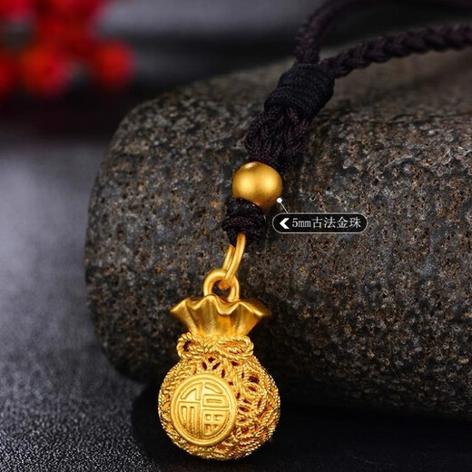 Chow Tai Sang Gold Pure Gold 999 Filigree Blessing Bag Necklace Women's Full Money Bag Pendant Pendant Platinum Bracelet Gold Blessing Bag Pendant + Gold Beads Black Rope Necklace