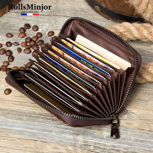 RollsMinjor brand new casual top layer cowhide zipper organ card bag genuine leather bank card bag men's retro handmade card clip brown 10 card positions