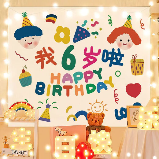 Yudou ins style birthday background cloth internet celebrity photo tapestry children's male and female baby birthday bedroom decoration hanging cloth party SR-Happy Birthday 1.5m*1.3m 6m lamp + installation package