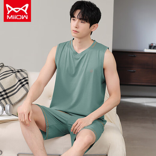 Catman MIIOW Modal men's pajamas summer sleeveless vest thin pajamas home clothes two-piece set Modal cool set-12023 L (recommended 100-125 Jin [Jin equals 0.5 kg])
