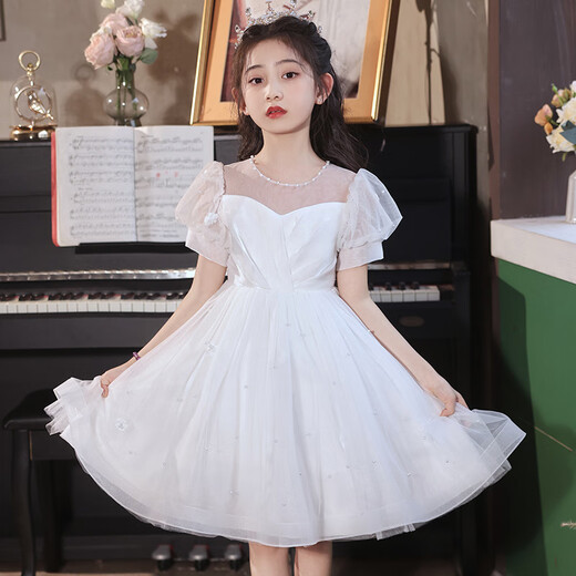 
LuboBEIBEI (LUOBOBEIBEI) Girls' Dress Children's Birthday Princess Dress Flower Children's Wedding Dress Host Piano Performance Clothes White Skirt 140