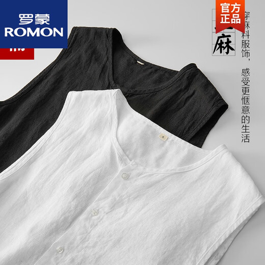 罗蒙（ROMON）夏季复古中国风亚麻背心男士马甲居家中式无袖坎肩大码宽松汗衫薄 黑色 XXS 2XL 【体重160-170斤】