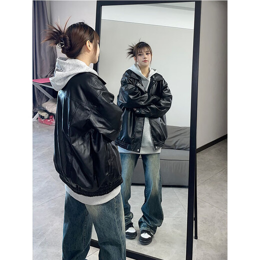 迪伽达美式街头翻领皮衣夹克男女春秋季高级感百搭简约纯色机车情侣外套 WJS-W9274黑色 2XL