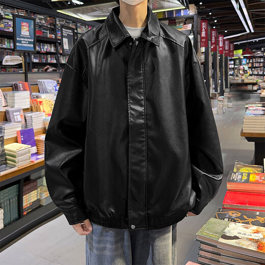 SWAMP AREA leather solid color men's autumn and winter hip-hop jacket top American retro motorcycle style jacket SWC99 black 2XL