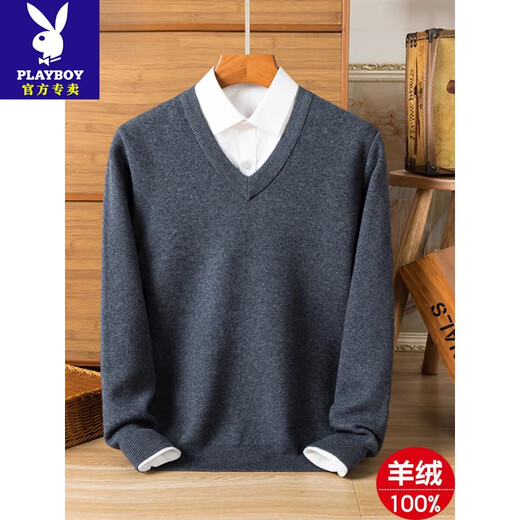 花花公子（PLAYBOY）100纯山羊毛绒衫男士休闲毛衣V领上衣加厚保暖针织羊毛衫 9906/驼色 M 165 【建议120斤以内】