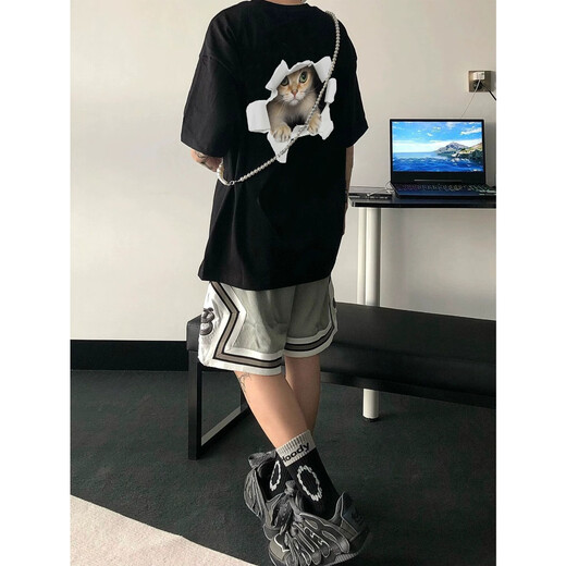 迪伽达短袖t恤男士夏季新款美式潮牌潮流设计感猫咪打底衫情侣五分半袖 MSL-C683黑色（在后） 2XL （尺码偏小建议大一码）