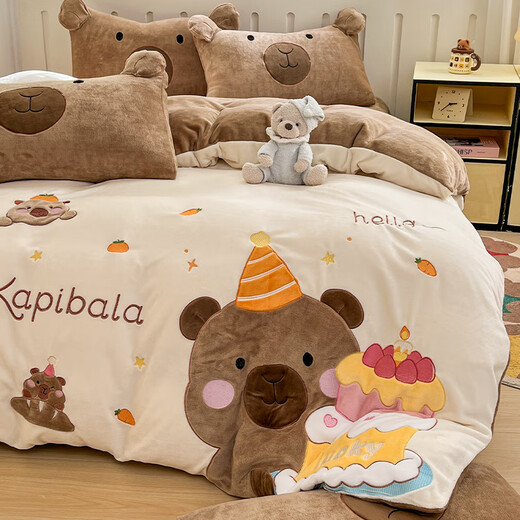 Thickened warm milk velvet four-piece children's cartoon bed sheet quilt cover coral velvet quilt cover Kapibara winter Kapibara Class A anti-static non-shedding 1.8m bed sheet four-piece set quilt cover 200x230