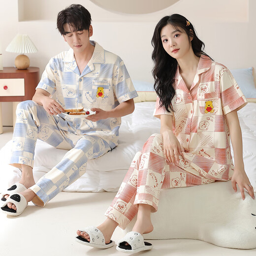 Langsha (Langsha) Pyjama-Paar Outfit Sommer reines Baumwoll 7A Antibakterielle kurzärmelige Hose Hauskleidung Ein Mann und eine Frau Sommer können Anzug 6228 Paar Outfit Frauen L+ Männer xxl tragen