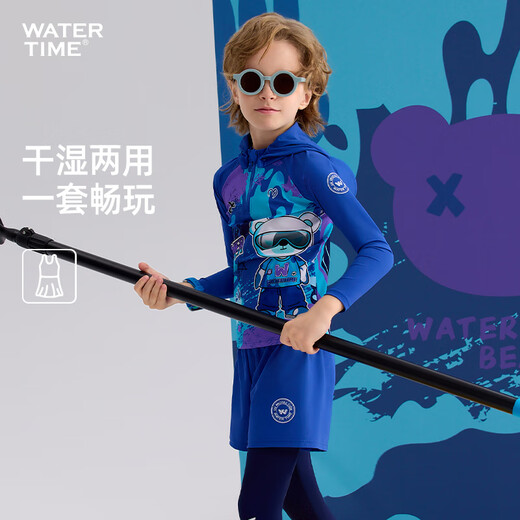 WATERTIME children's swimsuit boys' split long-sleeved trousers with hood, sun protection surfing suit, warm and cold-proof swimsuit 2025 new style Azure Winnie 120 (113-122cm/19-22kg)