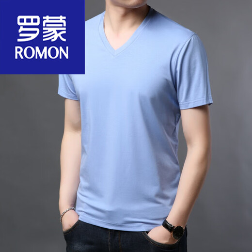 罗蒙（ROMON）夏季新款男士短袖t恤莫代尔纯色V领冰丝薄中青年休闲棉体恤衫上衣 9902宝蓝 175