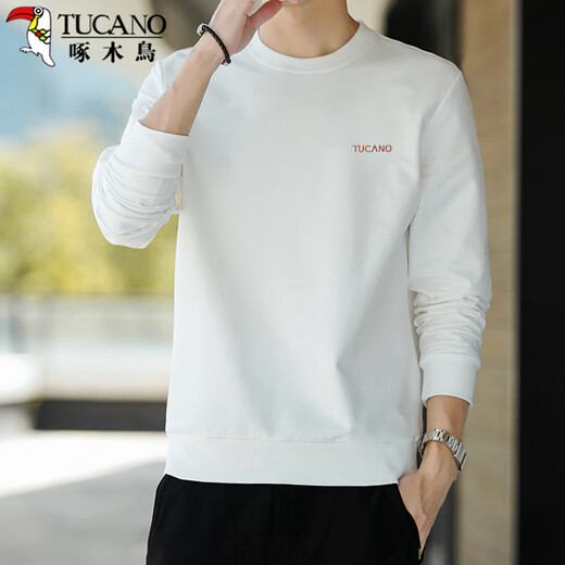 Woodpecker (TUCANO) Sweater Men's Trendy Loose Round Neck Long Sleeve T-Shirt Student Fashion Casual Pullover Top Men White XL