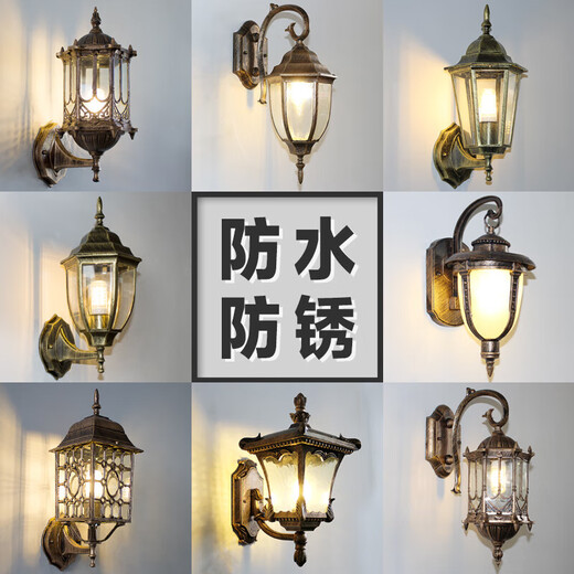 Fenglanq outdoor wall lamp waterproof European retro balcony garden lamp American aisle staircase outdoor pastoral led wall lamp bronze hexagonal wall lamp