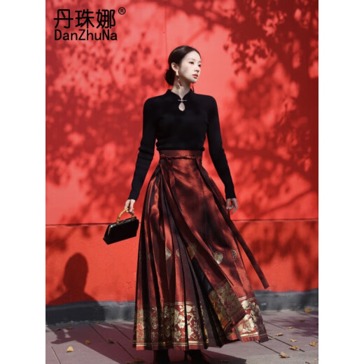 丹珠娜（DanZhuNa）马面裙全套装秋季新中式连衣裙日常可穿上班汉服改良版长裙套装女 2679黑色上衣+红色马面裙 S