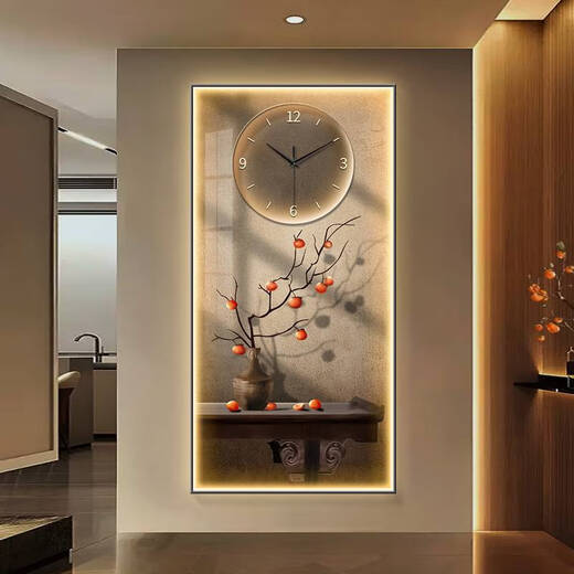 山头林村侘寂风柿柿如意玄关装饰画钟表挂钟中式客厅过道创意时钟壁灯挂画 sxs3894 竖款100*200cm大气默认黑框-普