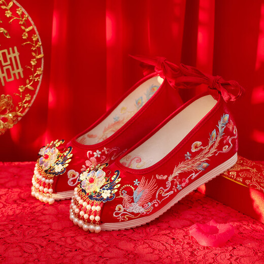 Tianyi Bride Xiuhe Wedding Zapatos Tassel Hanfu Zapatos de estilo antiguo Bordado zapatos de boda Red Red Retro de estilo chino con zapatos de boda Cheongsam Hanfu [Supreme Fengming Red Size 36]