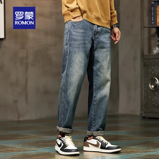 罗蒙牛仔裤美式复古锥形男士宽松直筒潮牌2025夏季水洗休闲长裤子男装 复古蓝常规 32 （135-145斤）