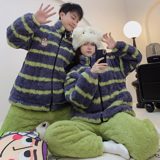 Mengdong three-layer quilted ultra-thick coral velvet Buzz Lightyear couple's pajamas winter plus velvet thickening men's and women's home wear set thick three-layer quilted 6815# brown striped Woody men's style (XXL)