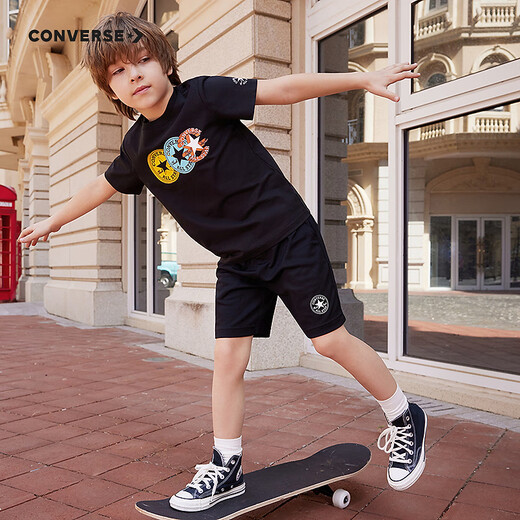 Converse children's clothing boys' short-sleeved T-shirt summer new printed tops children's casual T-shirt black 150/72 recommended height 140-152cm