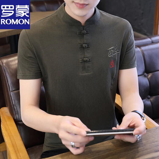 Lomon Sommer kurzärmeliges T-Shirt für Männer Tang Anzug Baumwollwäsche Chinesische Stil halbärmelte Eisseide Casual Leinen 2025 Neues T9193 Dunkelgrün M Empfohlen Gewicht 90-115jin [Jin entspricht 0,5 kg]