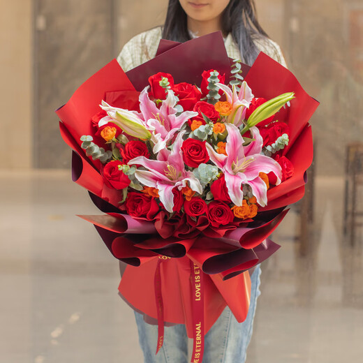 Zorah Valentine's Day Flower Express Rose Bouquet Proposal Birthday Gift for Girlfriend Nationwide Flower Shop Delivery 19 Red Roses + Lily Mixed Bouquet