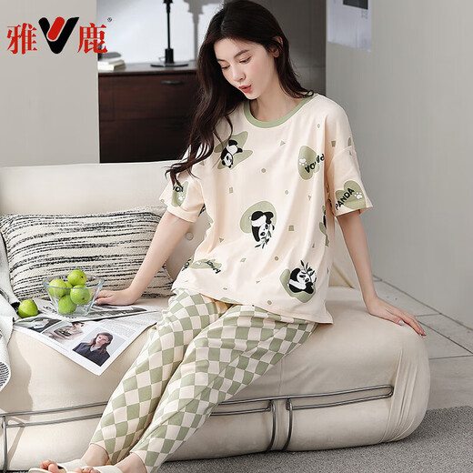 
Yalu pajamas women's summer pure cotton short-sleeved trousers summer cartoon thin mother's home clothing suit can be worn outside 673 XL