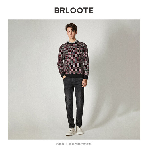 Brloote jacquard wool sweater for men, diamond plaid sheep wool warm sweater for winter, black and red 170/92A