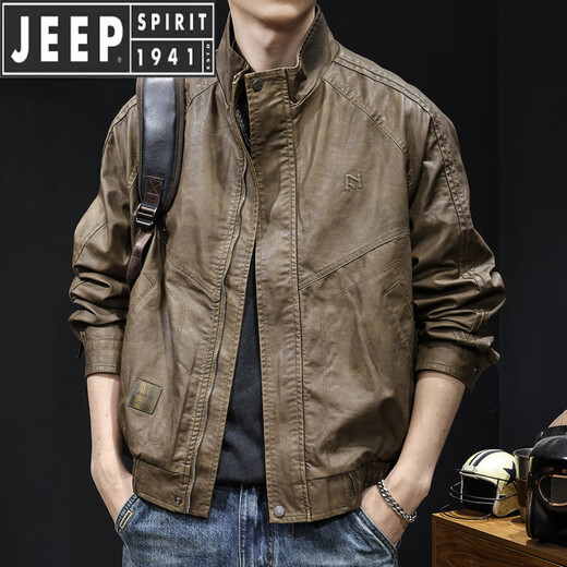 JEEP SPIRIT high-end leather jacket men's autumn and winter 2025 new men's velvet thickening large size trendy brand clothes motorcycle black gray XL suitable for 140-160Jin Jin equals 0.5 kg