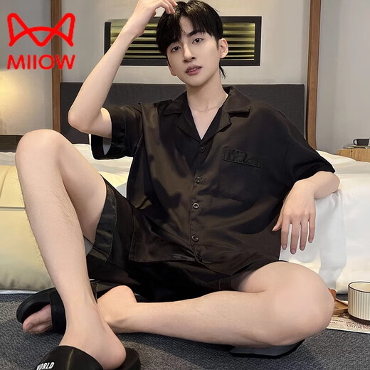 猫人（MiiOW）新款黑色男士睡衣夏季薄款短袖套装新款夏天男生冰真丝家居服 G723 L (身高170左右体重-130斤)