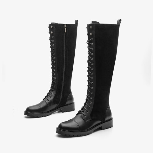 Lesaunda (lesaunda) autumn fashion spliced ​​side zipper boots mid-heeled Martin boots long boots for women 2T53901 black BKL38