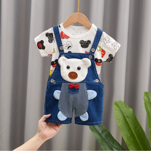 Xiaotanglang SUGAR BOY new children's overalls jeans for boys and girls summer cartoon infant shorts suit three-point pants suit light white face bear + white T number 90 recommended 9-14 months