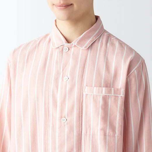 MUJI men's style, no side seams, double layer yarn, pajamas, men's home clothes, spring and autumn, FB0YDC4S, light orange stripes, M (top 170/92A, bottom 170/80A)