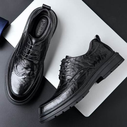 Portures leather shoes men's low-cut lace-up hand-scratch business casual shoes British brogue wedding shoes 2996 black 42