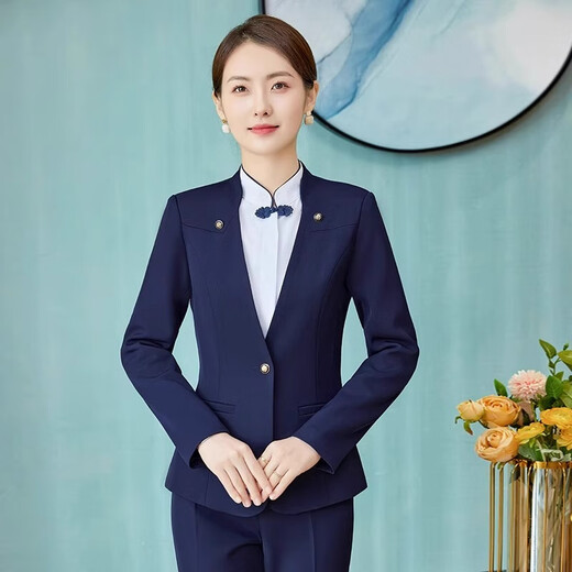 Iyasha hotel front desk reception work clothes for women high-end temperament professional suit suit Chinese catering waiter work clothes blue suit + shirt + pants XL recommended 110-120 Jin Jin equals 0.5 kg