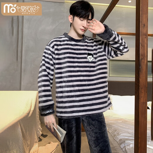 Pajama de terciopelo de coral modal para hombres Autumn and Winter Style más terciopelo engrosado Set cálido Flannel Ropa para el hogar de invierno para hombres K3883- l 100-130Jin [Jin equivale a 0.5 kg]
