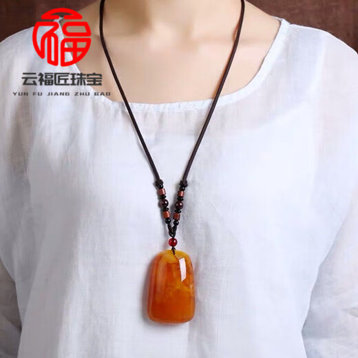 Fat Donglai same style beeswax Wushi brand amber old beeswax pendant women's sweater chain long autumn and winter water drop necklace old wax square card + lanyard