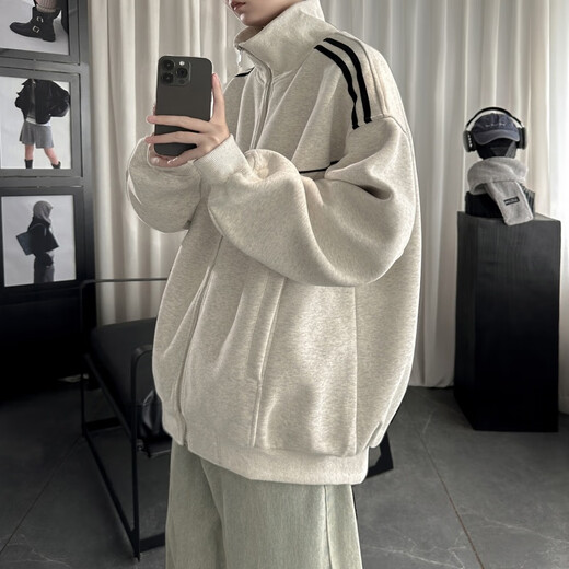 Pocket stand collar jacket men's spring and autumn new American trendy brand contrasting color striped handsome teenagers casual tops floral gray XL recommended 130-150Jin Jin equals 0.5 kg