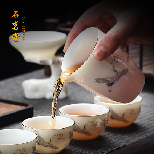Shimingtang high-end mutton-fat jade tea set Dehua white porcelain home office gift for teachers holiday gifts friends holiday gifts all the way up 10 mutton-fat jade + teapot