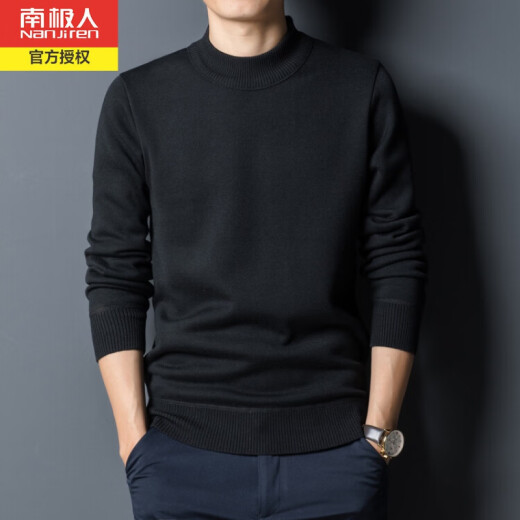 南极人加绒加厚针织衫男士冬季新款半高领保暖套头毛衣中年含羊毛打底衫 黑色 175