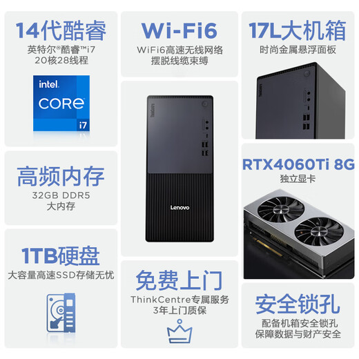 联想ThinkCentre P900c设计师游戏台式电脑主机(酷睿14代i7-14700F RTX4060Ti 32GDDR5 1T)国家补贴20%