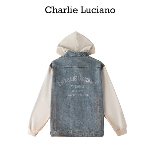 Charlie Luciano水洗做旧烫钻连帽牛仔衬衫秋季新款3899情侣男女同款CL外套 蓝白 XS
