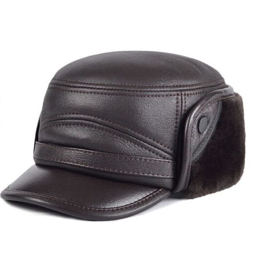 Genuine leather hat for men in winter for middle-aged and elderly people, outdoor cowhide warm ear protection, cold protection, velvet thickened cotton hat, black 57-58CM
