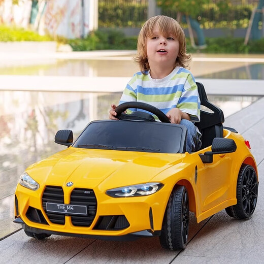 Haolaixi BMW children's electric car four-wheel car remote control toy car can sit a child and baby with a swing baby stroller, top with painted silver + soft wheel leather seat + remote control swing + Bluetooth music + portable pull rod