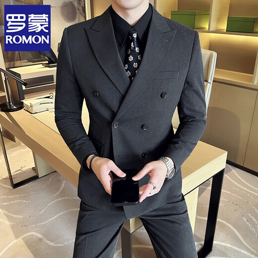 ROMON double-breasted gun lapel suit men's suit slim casual Korean style business formal men's wedding three-piece suit 338 black double-breasted suit + trousers XL