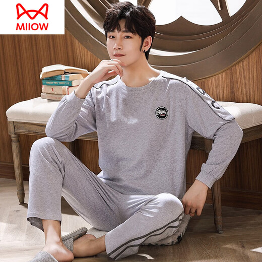 Catman (MiiOW) pajamas for men in spring and autumn pure cotton long-sleeved teenagers full-size cotton large-size casual summer thin home clothing set D6621 dark gray fashion pattern men's model M[80-120Jin[Jin equals 0.5 kg]]